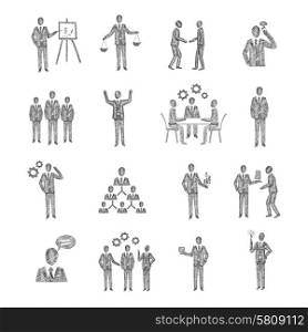 Business people characters team meeting partnership corporate hierarchy icons sketch set isolated vector illustration. Sketch Business People