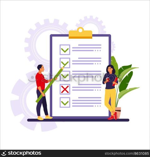 Business people checking completed tasks and prioritizing tasks in to do list. Vector illustration. Isolated flat.