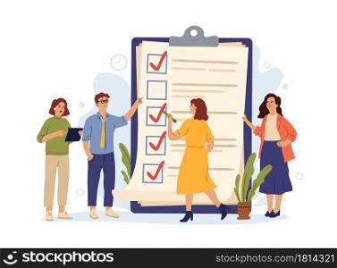 Business people checklist. Manager achieves tasks, complete test or to do list. Team work, successful control survey swanky vector concept. Business checklist document, questionnaire plan illustration. Business people checklist. Manager achieves tasks, complete test or to do list. Team work, successful control survey swanky vector concept