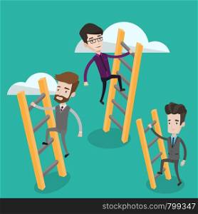 Business people climbing the ladders. Businessmen climbing on the cloud. Businessmen climbing to success. Concept of success, competition in business. Vector flat design illustration. Square layout.. Business people climbing to success.