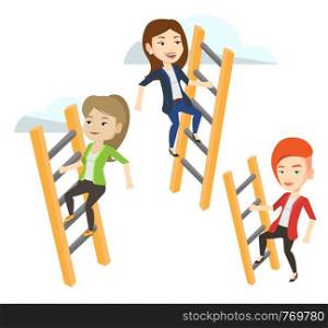 Business people climbing the ladders. Businesswomen climbing on cloud. Businesswomen climbing to success. Competition in business concept. Vector flat design illustration isolated on white background.. Business people climbing to success.