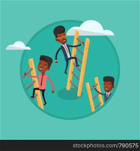 Business people climbing the ladders. Men climbing on cloud. Business men climbing to success. Business competition concept. Vector flat design illustration in the circle isolated on background.. Business people climbing to success.