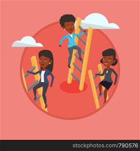 Business people climbing the ladders. Women climbing on cloud. Business women climbing to success. Business competition concept. Vector flat design illustration in the circle isolated on background. Business people climbing to success.