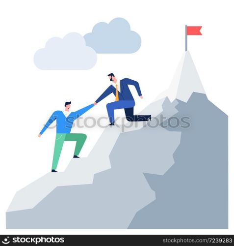 Business people climbing to mountain leader helping colleague reaching goal vector graphic. Cartoon male enjoying leadership and teamwork flat design illustration isolated on white. Business people climbing to mountain leader helping colleague reaching goal vector graphic
