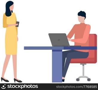 Business people communicate at work. Workflow discussion of issues. Woman talking to man, business consultation. Girl with coffee cup in hands talking to colleague with laptop. Meeting in office. Business people communicate at work. Workflow discussion of issues. Woman talking to man in office