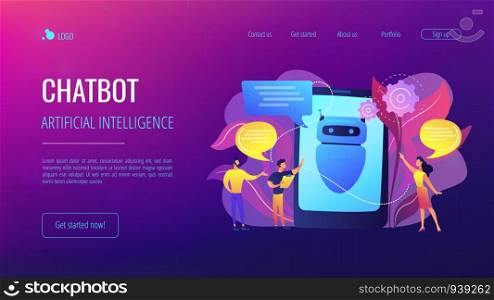 Business people communicate with chatbot application. Chatbot artificial intelligence, talkbots service, interactive agent support concept. Website vibrant violet landing web page template.. Chatbot AIconcept landing page.