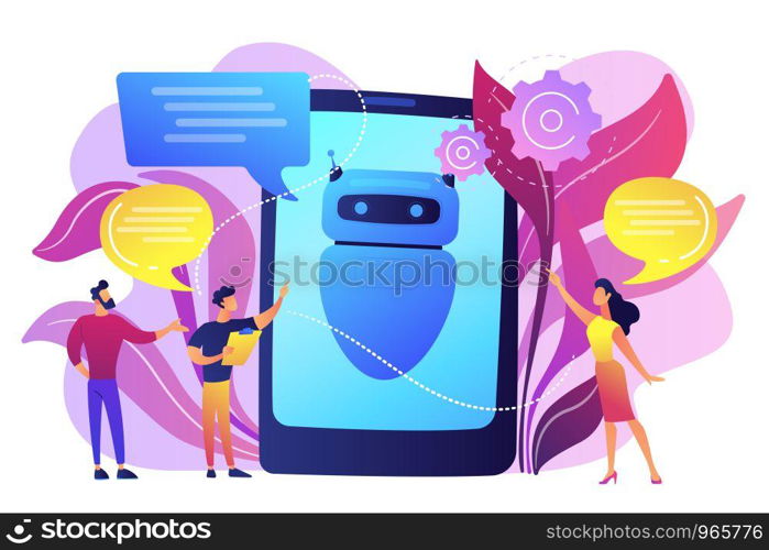 Business people communicate with chatbot application. Chatbot artificial intelligence, talkbots service, interactive agent support concept. Bright vibrant violet vector isolated illustration. Chatbot AI concept vector illustration.