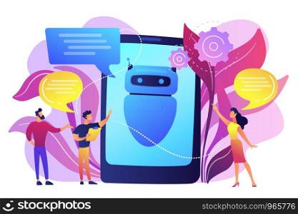 Business people communicate with chatbot application. Chatbot artificial intelligence, talkbots service, interactive agent support concept. Bright vibrant violet vector isolated illustration. Chatbot AI concept vector illustration.