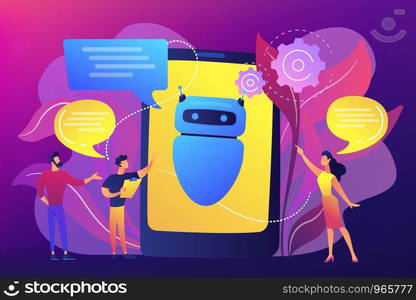 Business people communicate with chatbot application. Chatbot artificial intelligence, talkbots service, interactive agent support concept. Bright vibrant violet vector isolated illustration. Chatbot AI concept vector illustration.