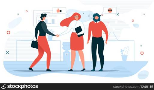 Business People Communication Flat Vector Concept with Businesswoman Shaking Hand to Partner, Company Hiring Manager Welcoming New Employee Illustration. Business Meeting for Negotiations in Office