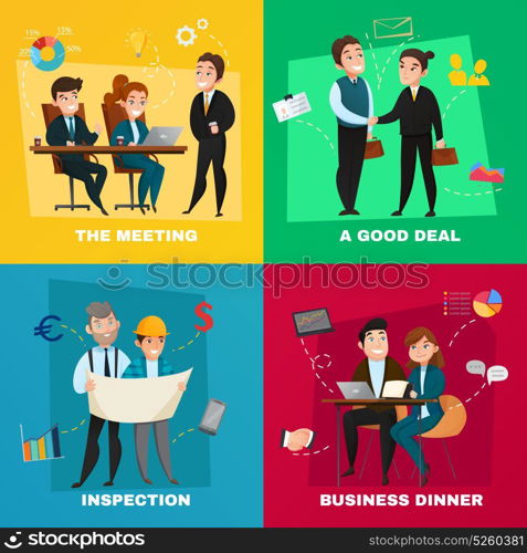 Business People Concept Set. Four square business people concept icon set with the meeting a good deal inspection and business dinner descriptions vector illustration