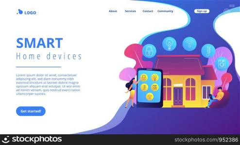 Business people controlling smart house devices with tablet and laptop. Smart home devices, home automation system, domotics market concept. Website vibrant violet landing web page template.. Smart home concept landing page.