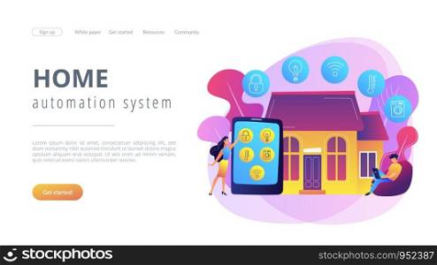 Business people controlling smart house devices with tablet and laptop. Smart home devices, home automation system, domotics market concept. Website vibrant violet landing web page template.. Smart home concept landing page.