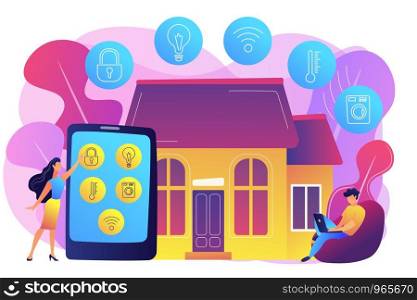 Business people controlling smart house devices with tablet and laptop. Smart home devices, home automation system, domotics market concept. Bright vibrant violet vector isolated illustration. Smart home concept vector illustration.