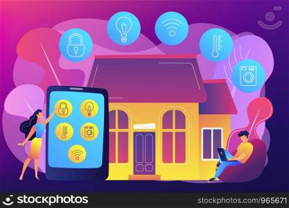 Business people controlling smart house devices with tablet and laptop. Smart home devices, home automation system, domotics market concept. Bright vibrant violet vector isolated illustration. Smart home concept vector illustration.