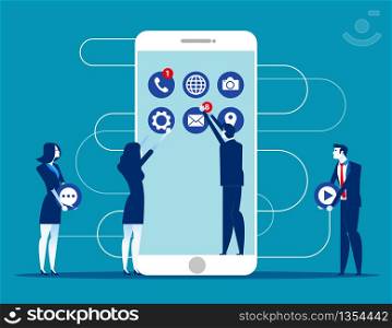 Business people decorated mobile. Concept business technology vector illustration. Flat cartoon character style design.