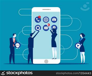 Business people decorated mobile. Concept business technology vector illustration. Flat cartoon character style design.