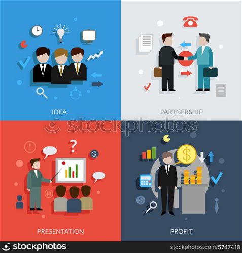 Business people design concept set with idea partnership presentation profit flat icons isolated vector illustration