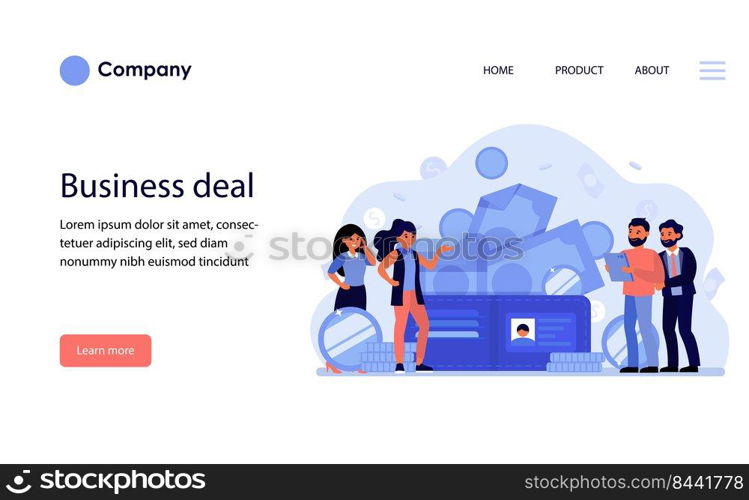 Business people discussing deal and money. Cash, payment, buying, partners flat vector illustration. Business, finance, communication concept for banner, website design or landing web page