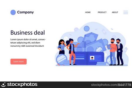 Business people discussing deal and money. Cash, payment, buying, partners flat vector illustration. Business, finance, communication concept for banner, website design or landing web page