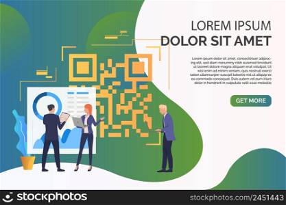 Business people discussing issues, big QR code with sample text. Work, workflow, analytics concept. Presentation slide template. Vector illustration for topics like business, finance, analysis. Business people discussing issues, big QR code with sample text