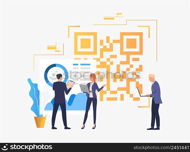 Business people discussing issues in office and big QR code. Identification, workflow, analytics concept. Vector illustration can be used for topics like business, finance, analysis. Business people discussing issues in office and big QR code