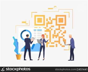 Business people discussing issues in office and big QR code. Identification, workflow, analytics concept. Vector illustration can be used for topics like business, finance, analysis. Business people discussing issues in office and big QR code