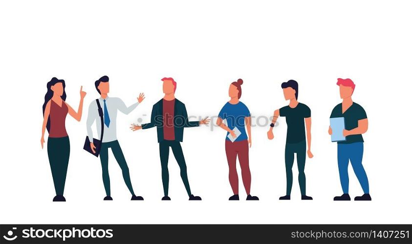 Business people discussing vector flat illustration. Businessman teamwork office meeting communication concept. Talking brainstorming character conversation company. Professional conference employee