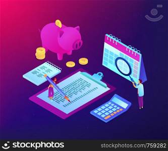 Business people doing financial calculations, calendar and piggy bank. Budget planning, balanced budget, company budget management concept. Ultraviolet neon vector isometric 3D illustration.. Budget planning isometric 3D concept illustration.