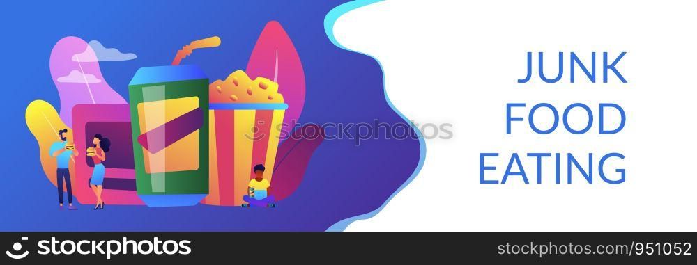 Business people eating hamburgers and drinking soft drinks near huge junk food. Snacking non-stop, junk food eating, reduce cholesterol use concept. Header or footer banner template with copy space.. Snacking non-stop concept banner header.