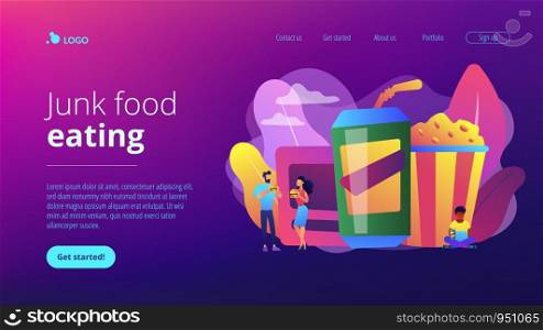 Business people eating hamburgers and drinking soft drinks near huge junk food. Snacking non-stop, junk food eating, reduce cholesterol use concept. Website vibrant violet landing web page template.. Snacking non-stop concept landing page.