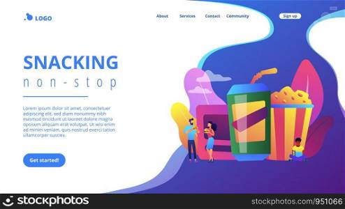 Business people eating hamburgers and drinking soft drinks near huge junk food. Snacking non-stop, junk food eating, reduce cholesterol use concept. Website vibrant violet landing web page template.. Snacking non-stop concept landing page.