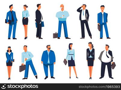 Business people, entrepreneurs and workers wearing formal clothes and suits. Men and women with briefcase and bags, employers and employees, executives and owners fashion look. Vector in flat style. People wearing formal clothes and suits vector