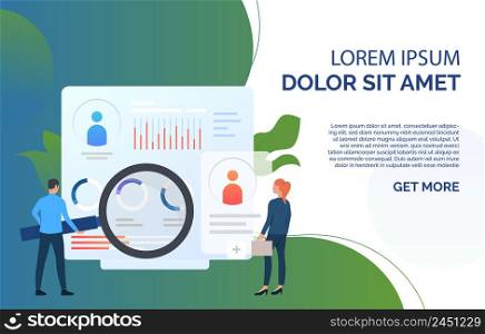 Business people examining documentation vector illustration. Analysis, commerce, finance. Marketing concept. Creative design for layouts, web pages, banners. Business people examining documentation vector illustration