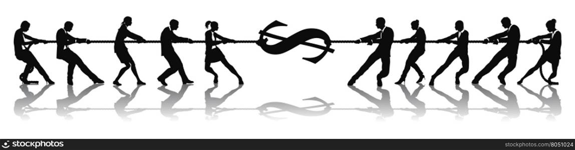 Business people fighting over money or stretching dollar currency money sign tug of war concept.