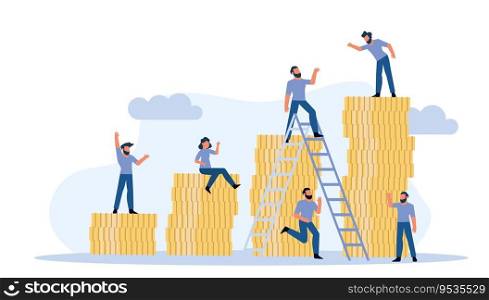 Business people finance performance job vector flat illustration concept. Coin ad marketing review group team background. Office work company teamwork. Corporate communication professional human