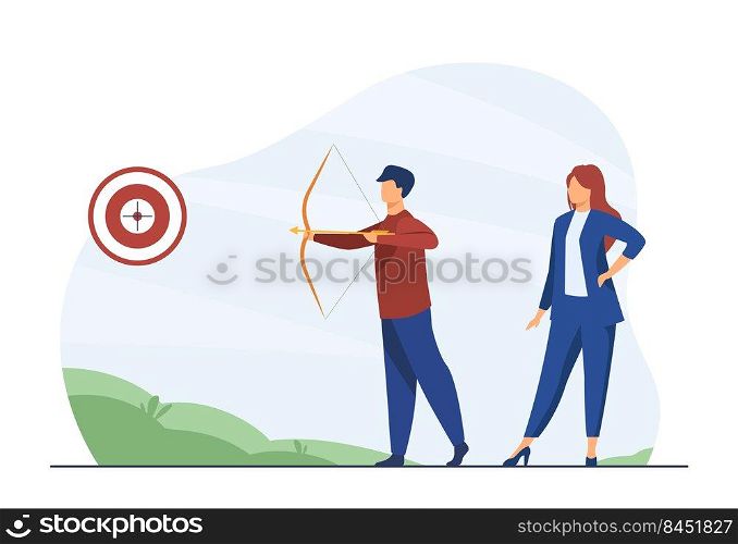 Business people focused on goal. Colleagues with archery aiming at target. Flat vector illustration. Marketing, achievement, bullseye concept for banner, website design or landing web page