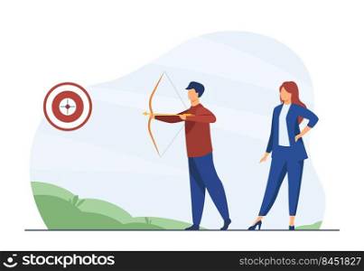 Business people focused on goal. Colleagues with archery aiming at target. Flat vector illustration. Marketing, achievement, bullseye concept for banner, website design or landing web page