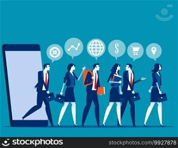 Business people group and analysis program marketing. Concept buisness referral marketing vector illustration, CUstomers walking out of smartphone