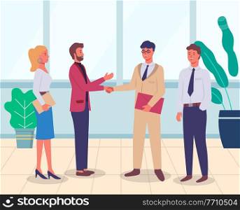 Business people group communicating standing in office interior. Smiling friendly colleagues wearing in formal clothes vector flat design. Businessmen shake hands, good deal, partnership concept. Business people group communicating. Smiling friendly colleagues wearing in formal clothes