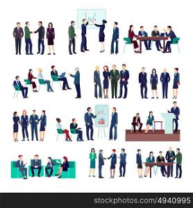 Business People Groups Collection. Business people groups collection at meetings briefings conference discussing different projects and financial strategies isolated vector illustration