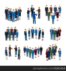 Business People Groups Flat Icons Collection . Businessmen and women professionals formally dressed working in office people groups flat icons collection isolated vector illustration