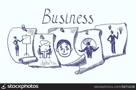 Business people hand drawn sketch paper sticker set isolated illustration