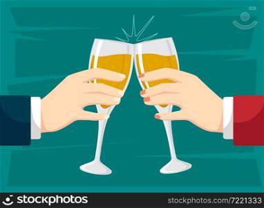 Business People Hands Holding and Clink Champagne Glasses. Success Celebration Party Concept, Cheers, Toast, Flat Vector Illustration