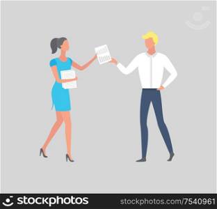 Business People hands over documents, achieving excellence. Employers in teamwork, man and woman exchanging papers vector cartoon people isolated. Business People hands documents achieve excellence