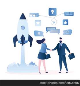 Business people handshake, successful business negotiations and agreement. Spaceship takeoff. New business startup and ideas concept. Male and female characters in trendy style. Vector illustration