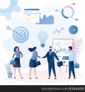 Business people handshake, successful negotiations concept. Male and female characters in trendy style.Business elements and signs. Flat vector illustration. Business people handshake, successful negotiations concept. Male and female characters in trendy style.