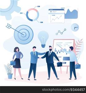 Business people handshake, successful negotiations concept. Male and female characters in trendy style.Business elements and signs. Flat vector illustration. Business people handshake, successful negotiations concept. Male and female characters in trendy style.