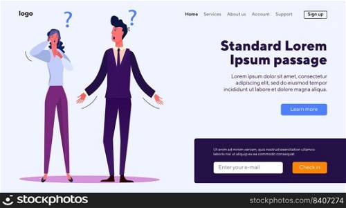 Business people having troubles at work. Office staff having misunderstanding flat vector illustration. Business trouble, mistake, question concept for banner, website design or landing web page