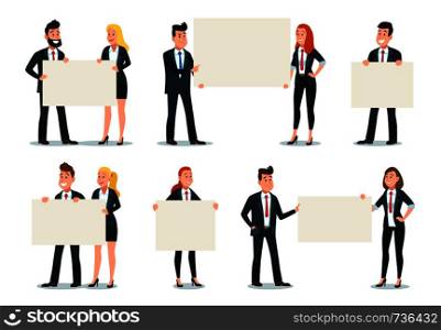 Business people holding banner. Businessman hold empty poster, office workers presentation signboard sign. Business manifestation, activists rights strike. Isolated icons vector illustration set. Business people holding banner. Businessman hold empty poster, office workers presentation signboard sign vector illustration set